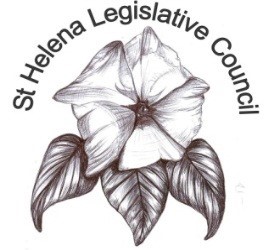 Black and white sketch of a flower with three leaves, encircled by text St Helena Legislative Council.