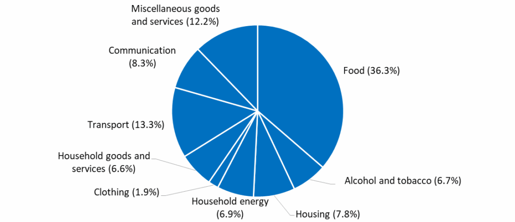 Pie chart showing household expenses, with food as the largest segment at 36.3%.