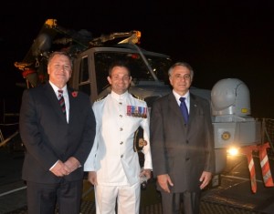 L to R - Governor Mark Capes, Commander Peter Laughton MBE HMS Lancaster and Ambassador Jean Mendelson, representing the French Government